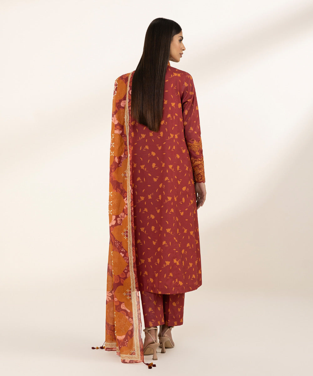 Women's Unstitched Lawn Printed Embroidered Red 3 Piece Suit