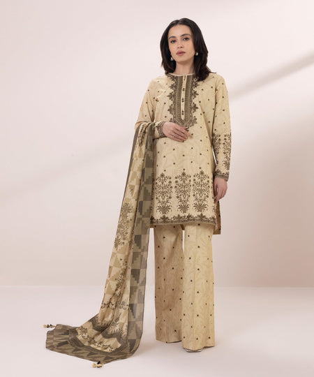 Women's Unstitched Lawn Embroidered Beige 3 Piece Suit