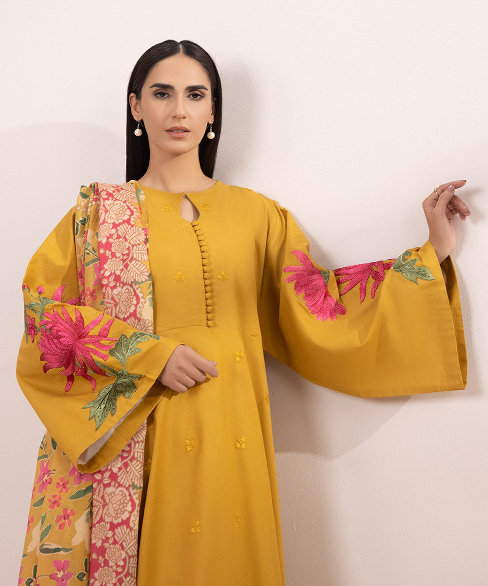 Women's Unstitched Cambric Embroidered Yellow 3 Piece Suit