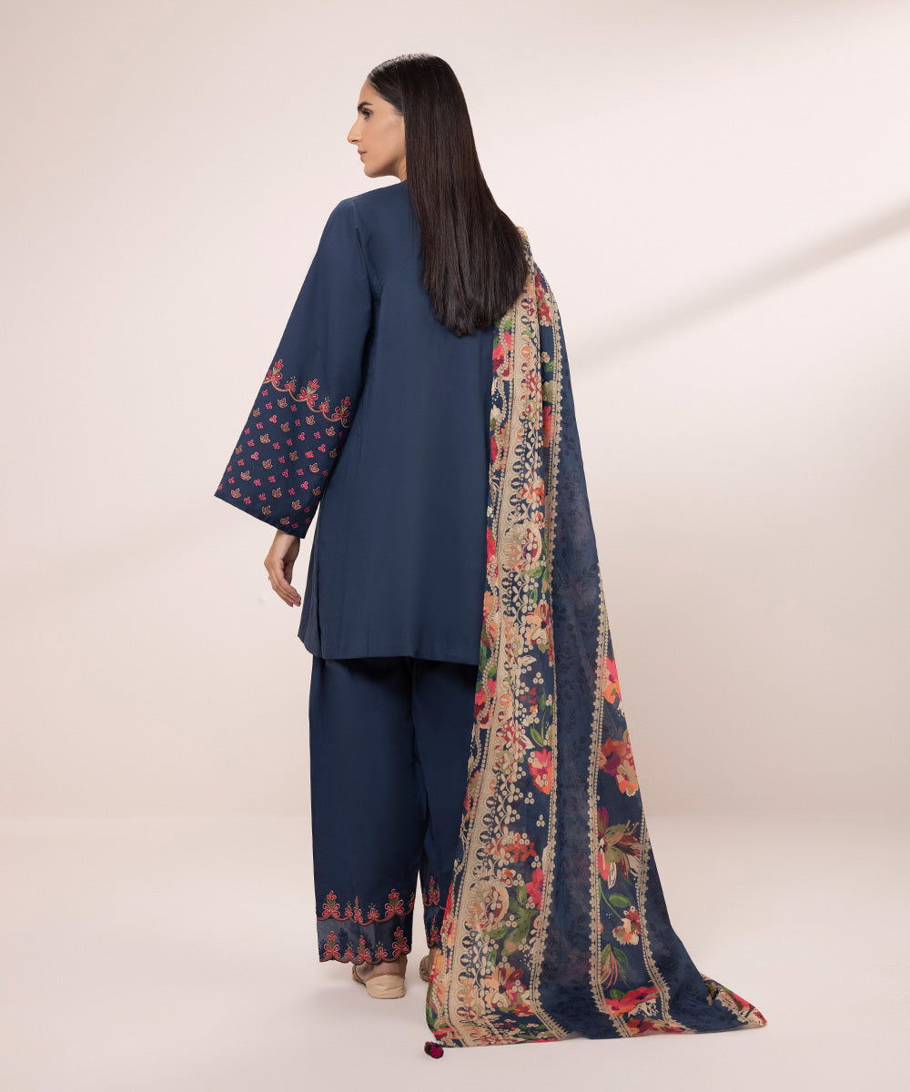 Women's Unstitched Lawn Embroidered Blue 3 Piece Suit