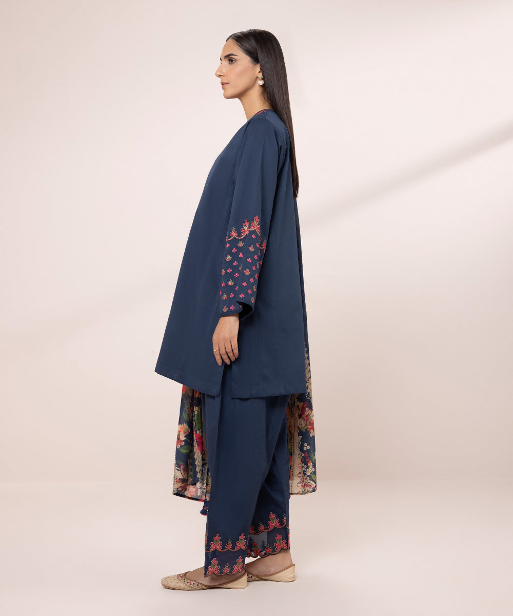 Women's Unstitched Lawn Embroidered Blue 3 Piece Suit