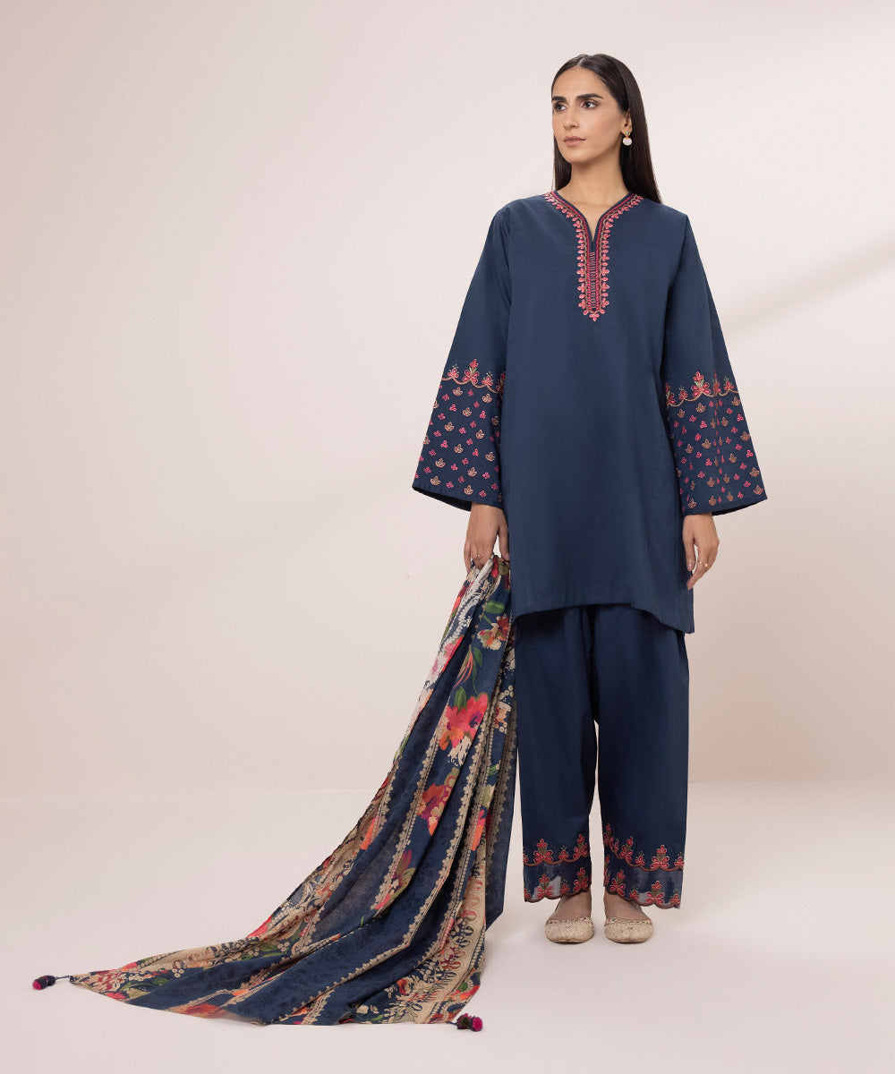 Women's Unstitched Lawn Embroidered Blue 3 Piece Suit