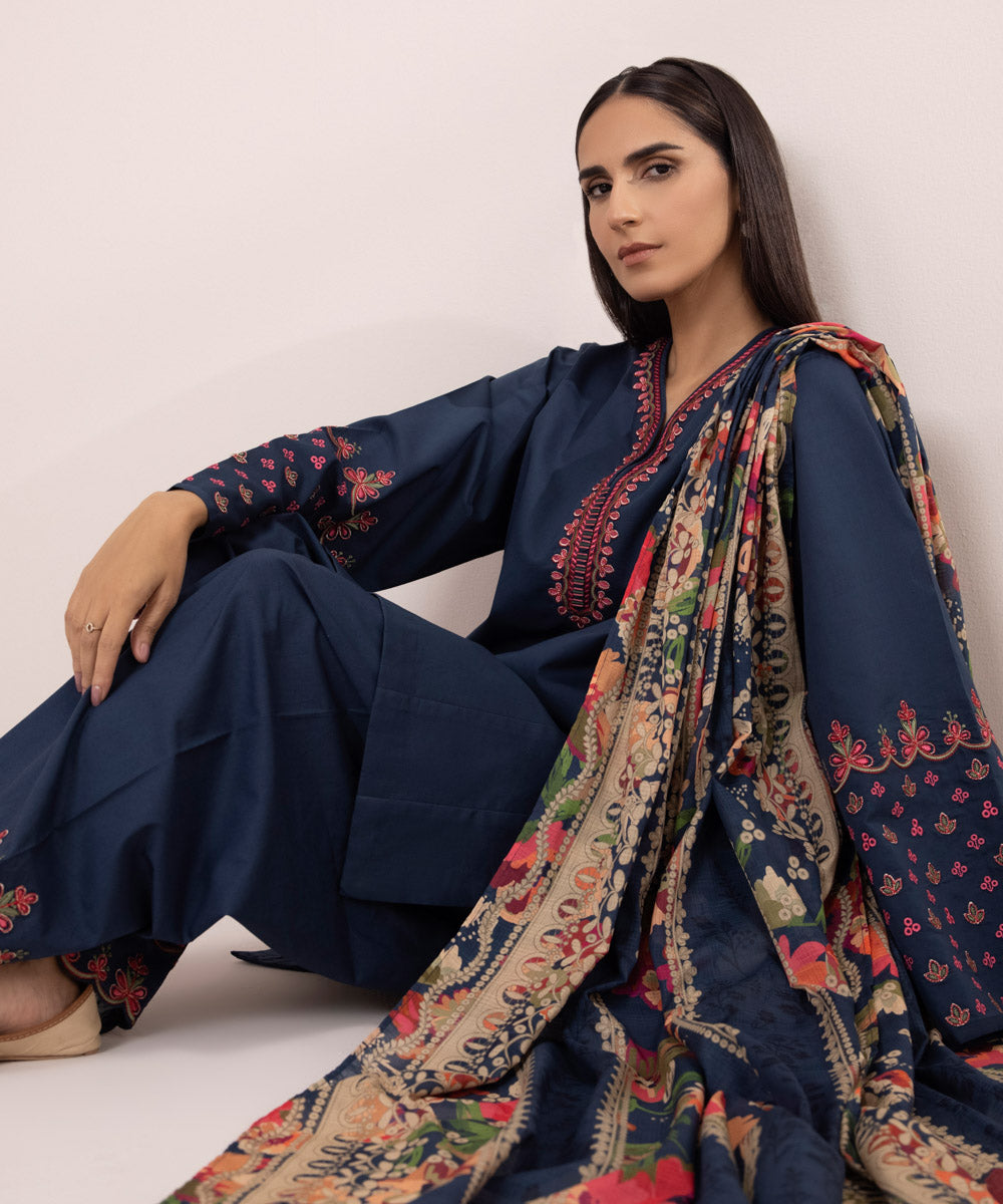 Women's Unstitched Lawn Embroidered Blue 3 Piece Suit