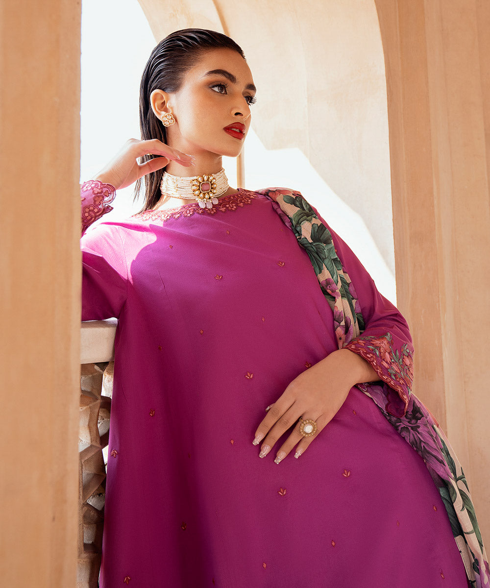 Women's Unstitched Lawn Embroidered Purple 3 Piece Suit