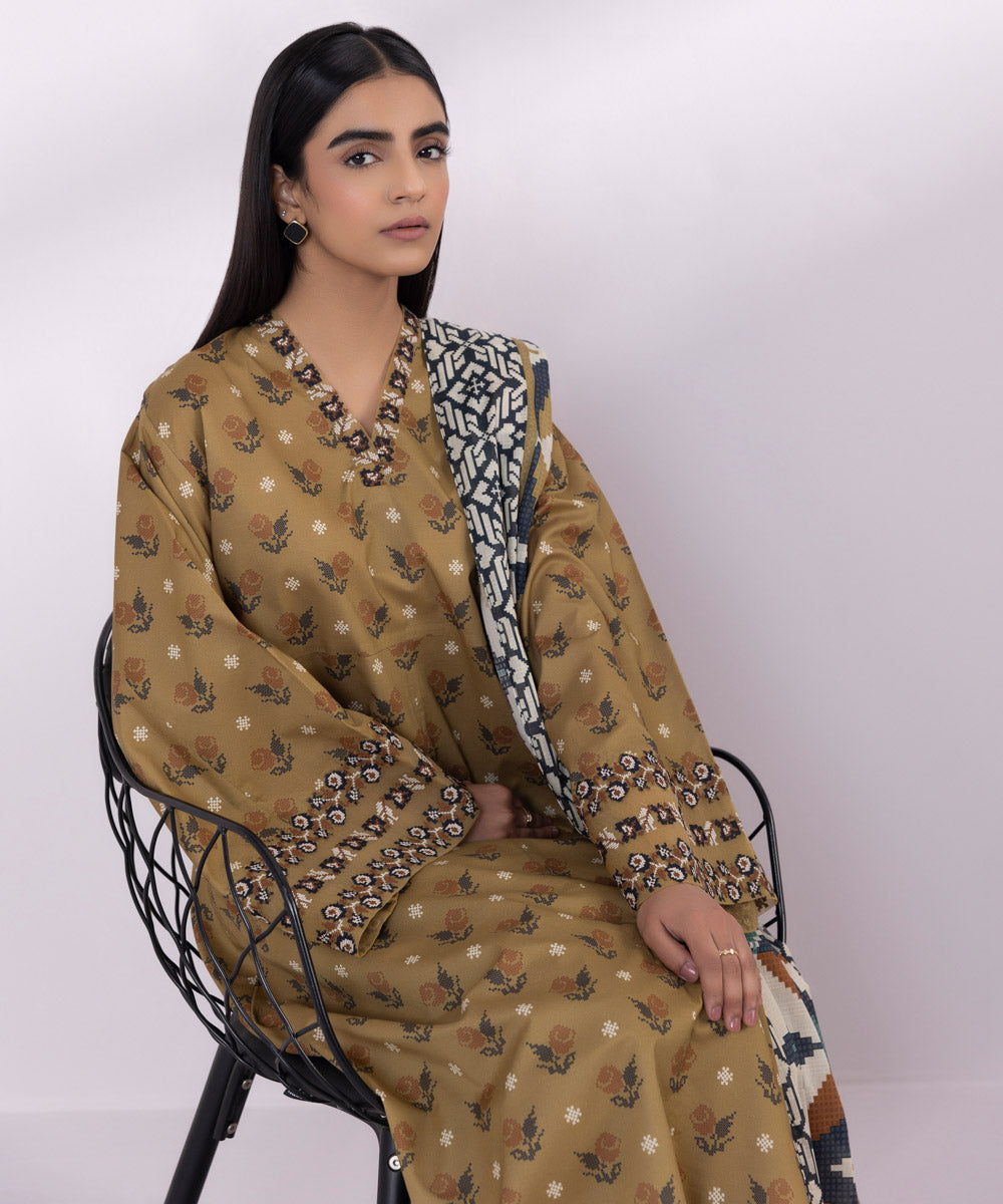 Women's Unstitched Lawn Embroidered Light Brown 3 Piece Suit
