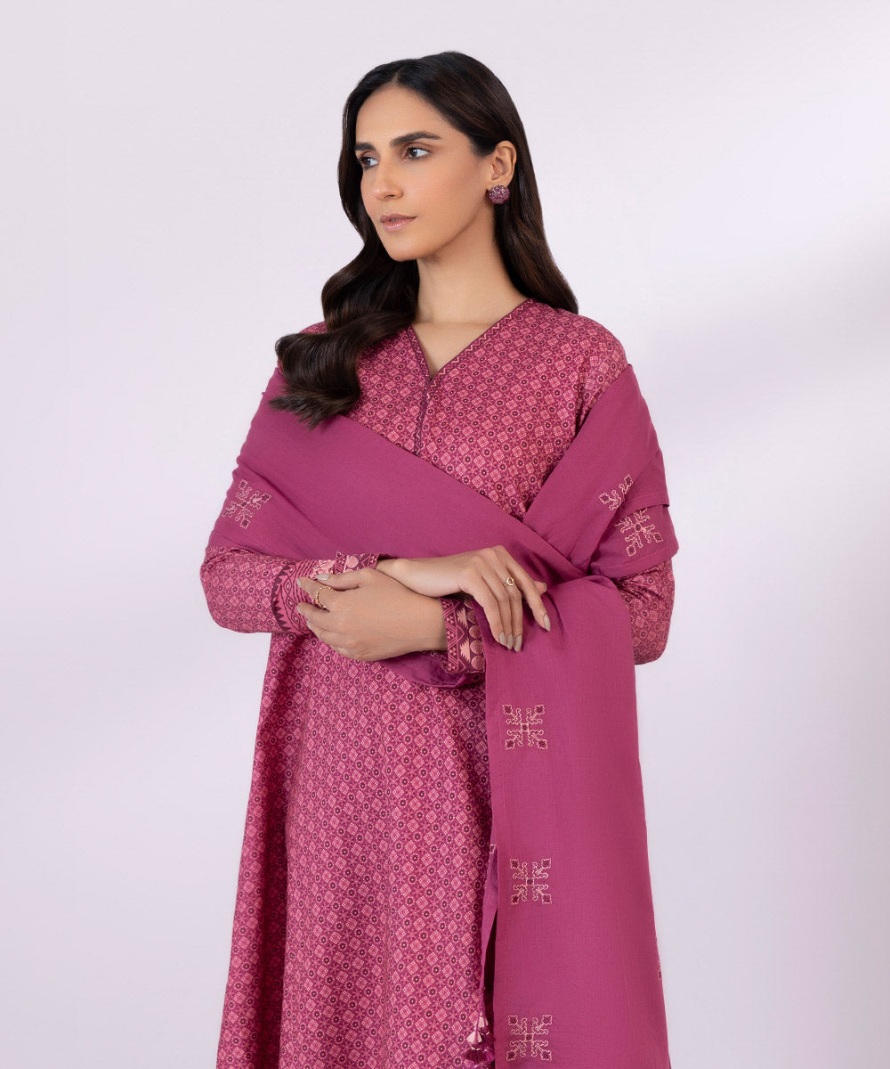 Women's Unstitched Lawn Embroidered Fuchsia 3 Piece Suit