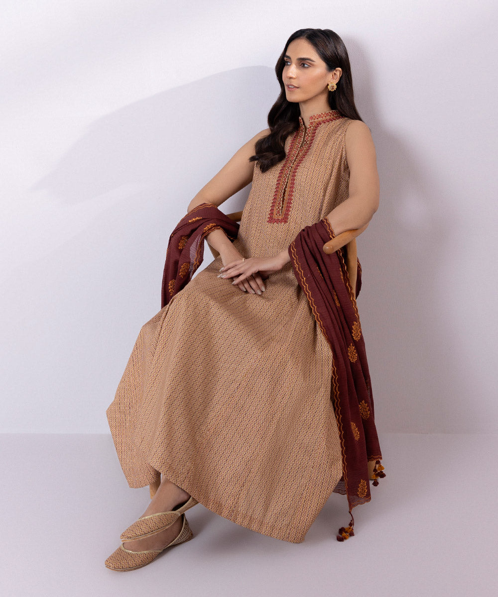 Women's Unstitched Lawn Embroidered Light Brown 3 Piece Suit