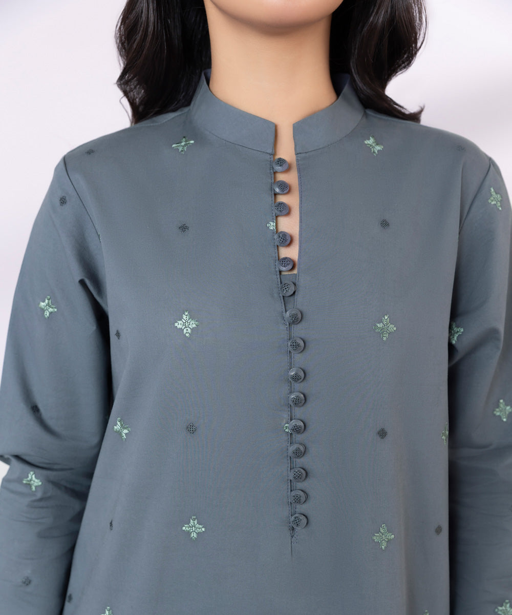 Women's Unstitched Lawn Embroidered Stone Blue 3 Piece Suit