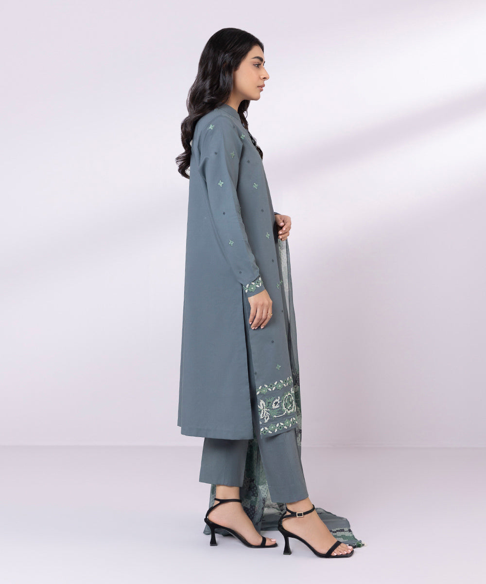 Women's Unstitched Lawn Embroidered Stone Blue 3 Piece Suit