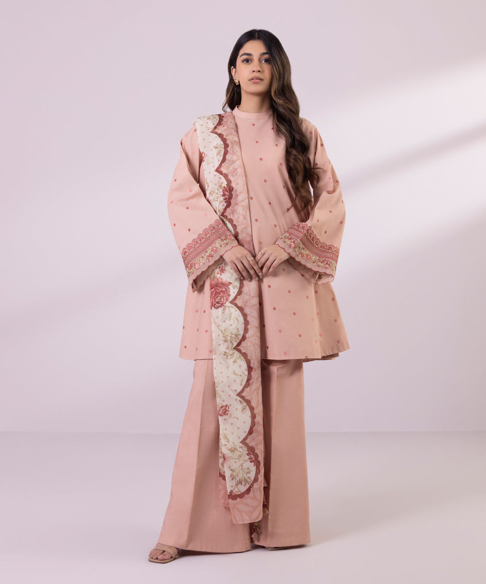 Women's Unstitched Lawn Embroidered Salmon Pink 3 Piece Suit