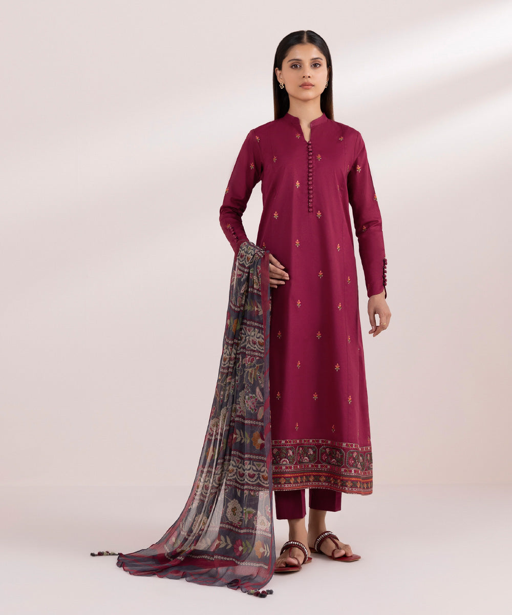 Women's Unstitched Lawn Red Embroidered 3 Piece Suit