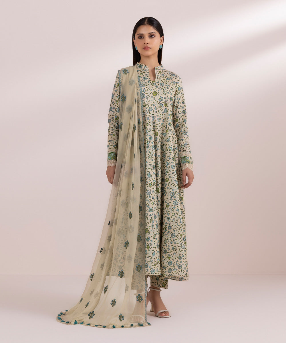 Women's Unstitched Lawn Beige Embroidered 3 Piece Suit