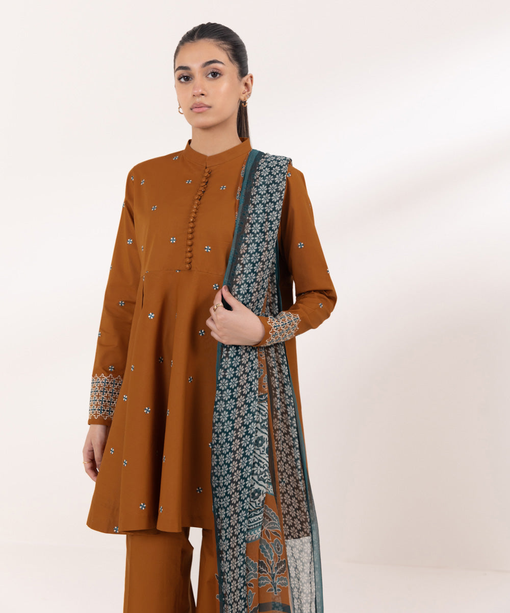 Women's Unstitched Lawn Embroidered Orange 3 Piece Suit