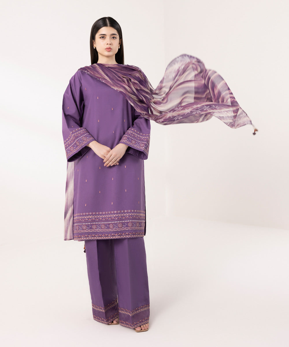 Women's Unstitched Cambric Embroidered Purple 3 Piece Suit