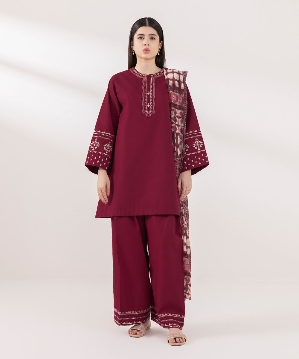 Women's Unstitched Cambric Embroidered Red 3 Piece Suit