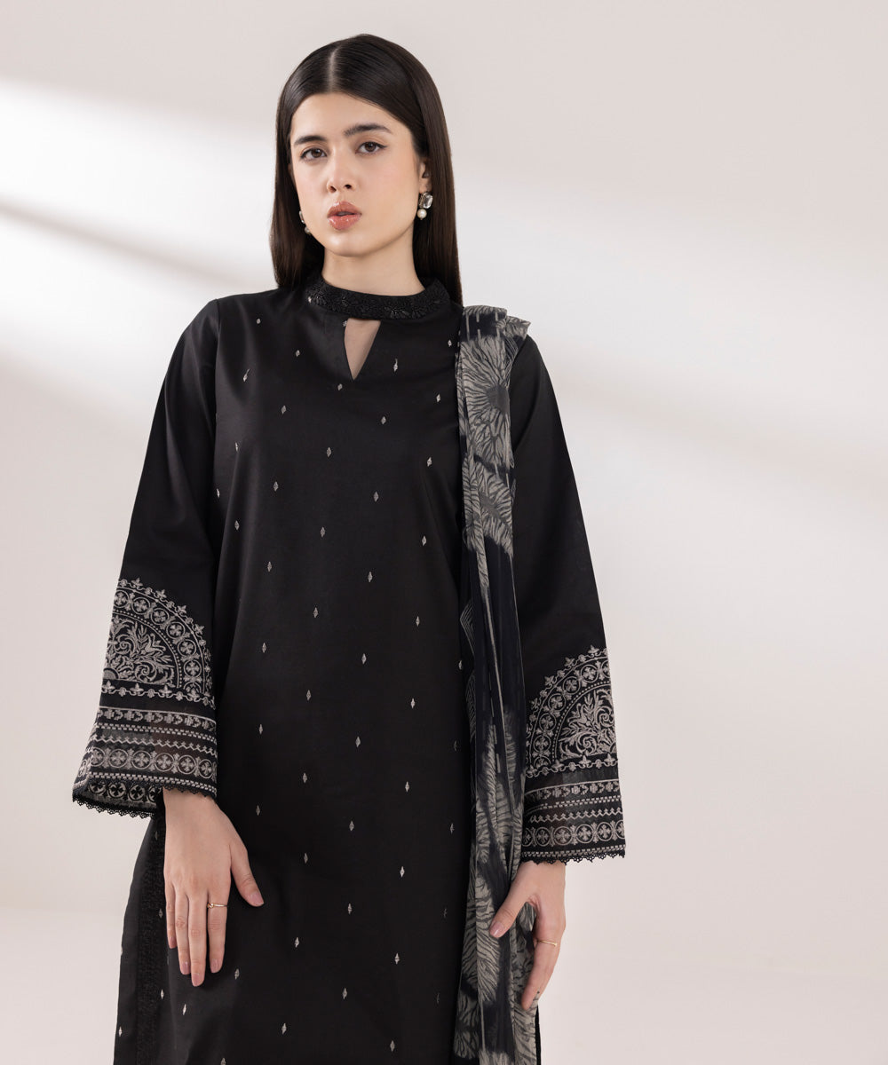 Women's Unstitched Slub Cambric Embroidered Black 3 Piece Suit