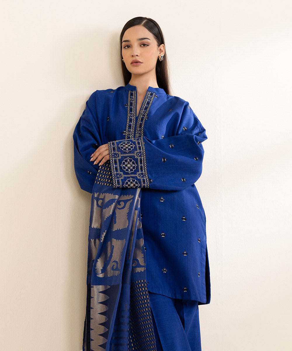 Women's Unstitched Khaddar Embroidered Blue 3 Piece Suit