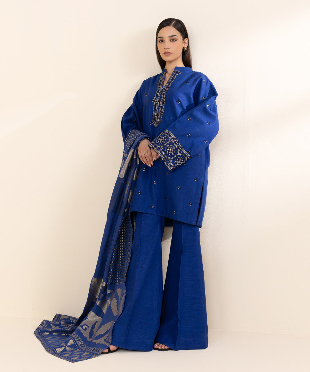 Women's Unstitched Khaddar Embroidered Blue 3 Piece Suit