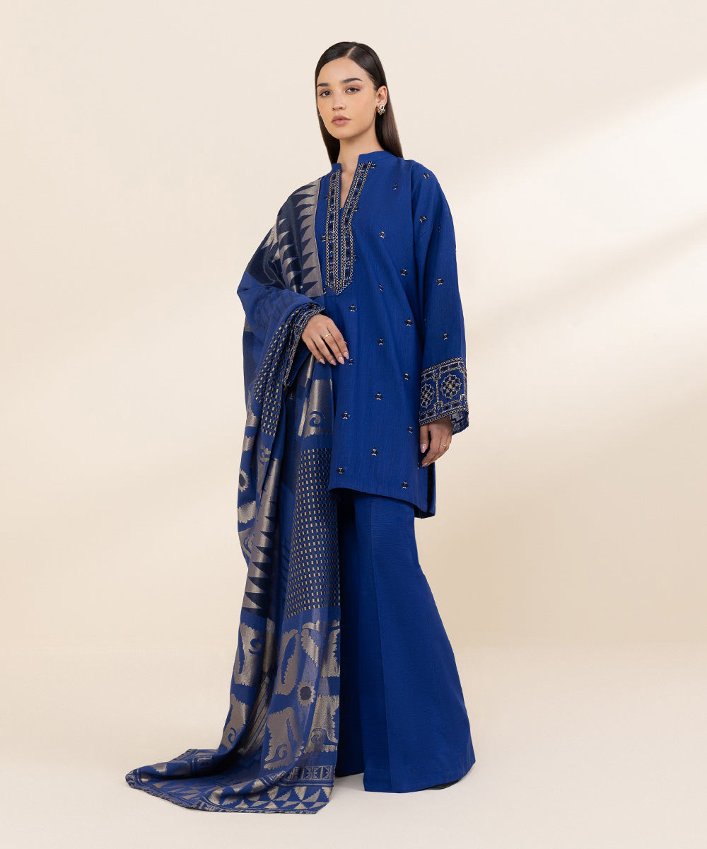 Women's Unstitched Khaddar Embroidered Blue 3 Piece Suit