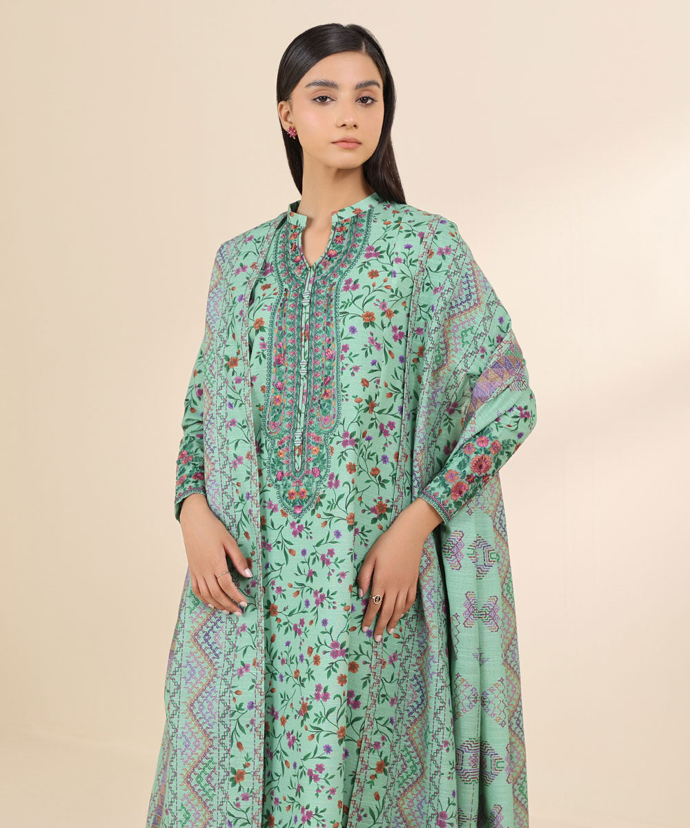 Women's Unstitched Khaddar Blue Embroidered 3 Piece Suit 