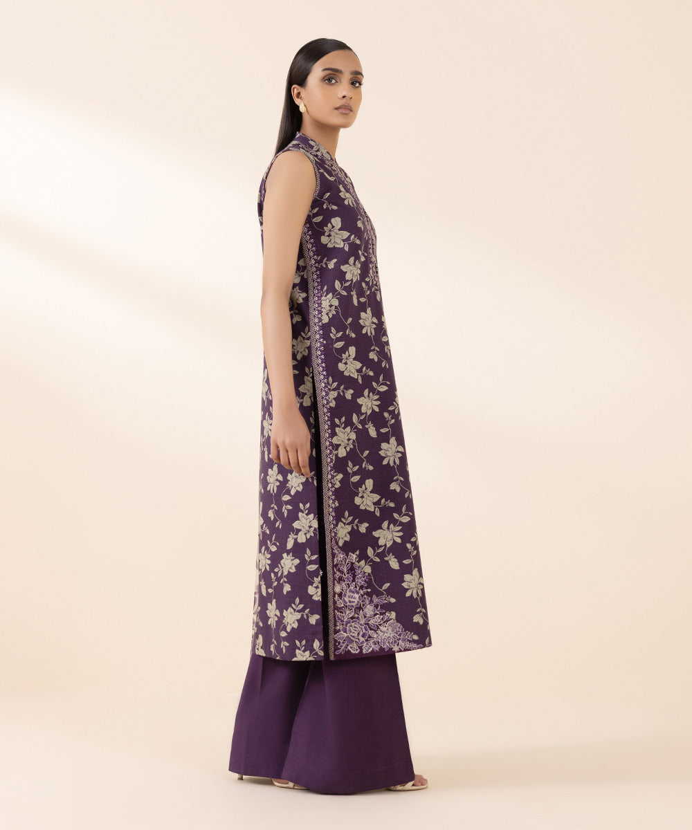 Women's Unstitched Light Khaddar Purple Embroidered 3 Piece Suit 