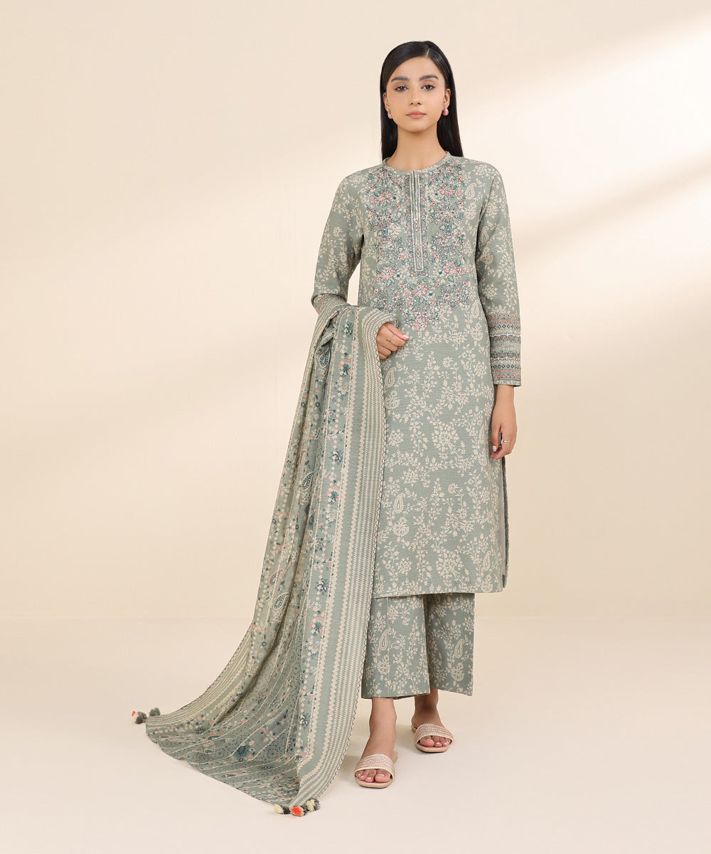 Women's Unstitched Light Khaddar Grey Embroidered 3 Piece Suit