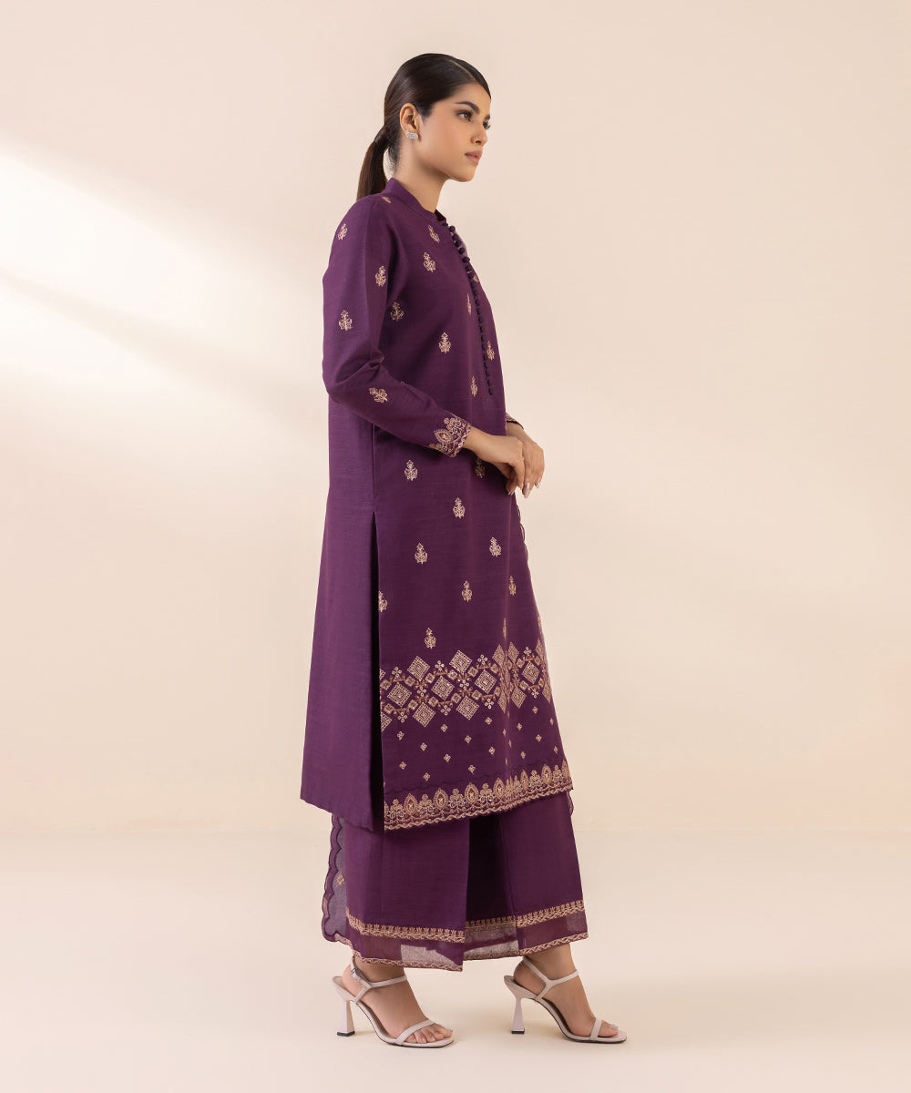 Women's Unstitched Cross Hatch Purple Embroidered 3 Piece Suit