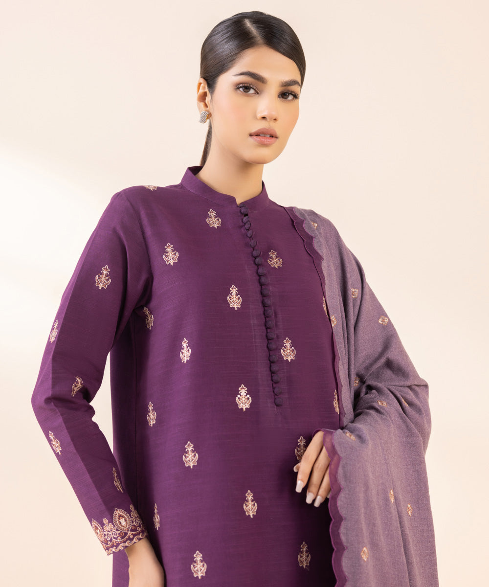 Women's Unstitched Cross Hatch Purple Embroidered 3 Piece Suit