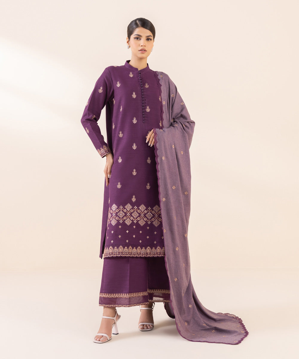 Women's Unstitched Cross Hatch Purple Embroidered 3 Piece Suit