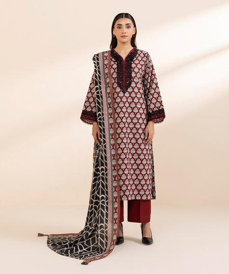 Women's Unstitched Khaddar Embroidered Red 3 Piece Suit