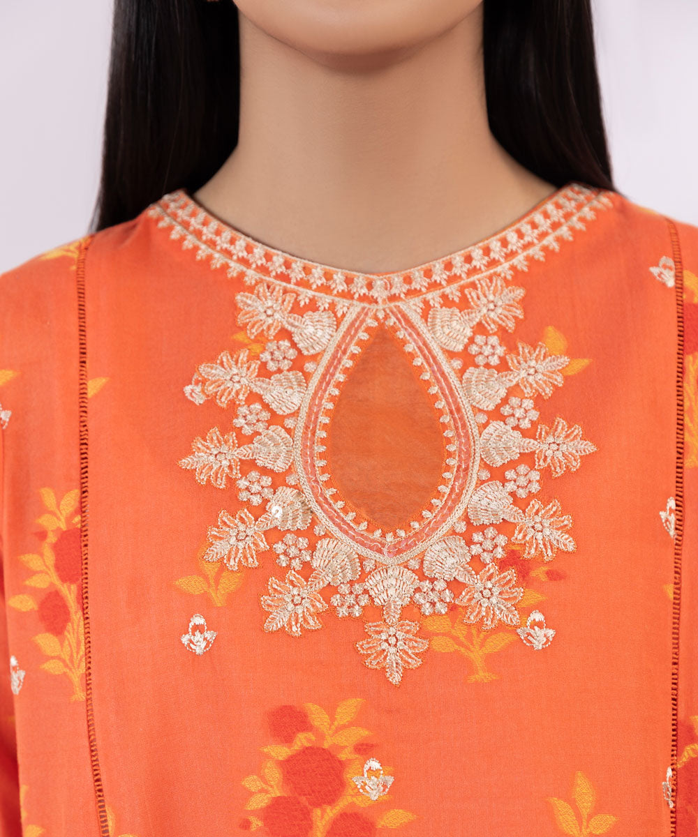 Women's Unstitched Jacquard Embroidered Orange 3 Piece Suit