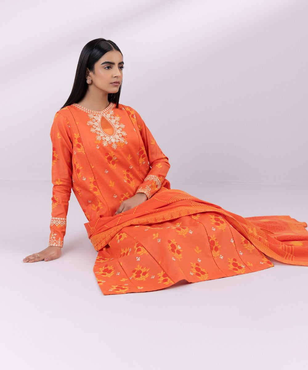 Women's Unstitched Jacquard Embroidered Orange 3 Piece Suit