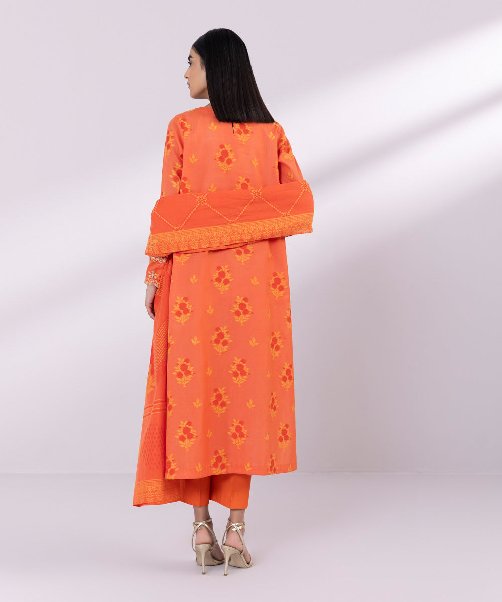 Women's Unstitched Jacquard Embroidered Orange 3 Piece Suit