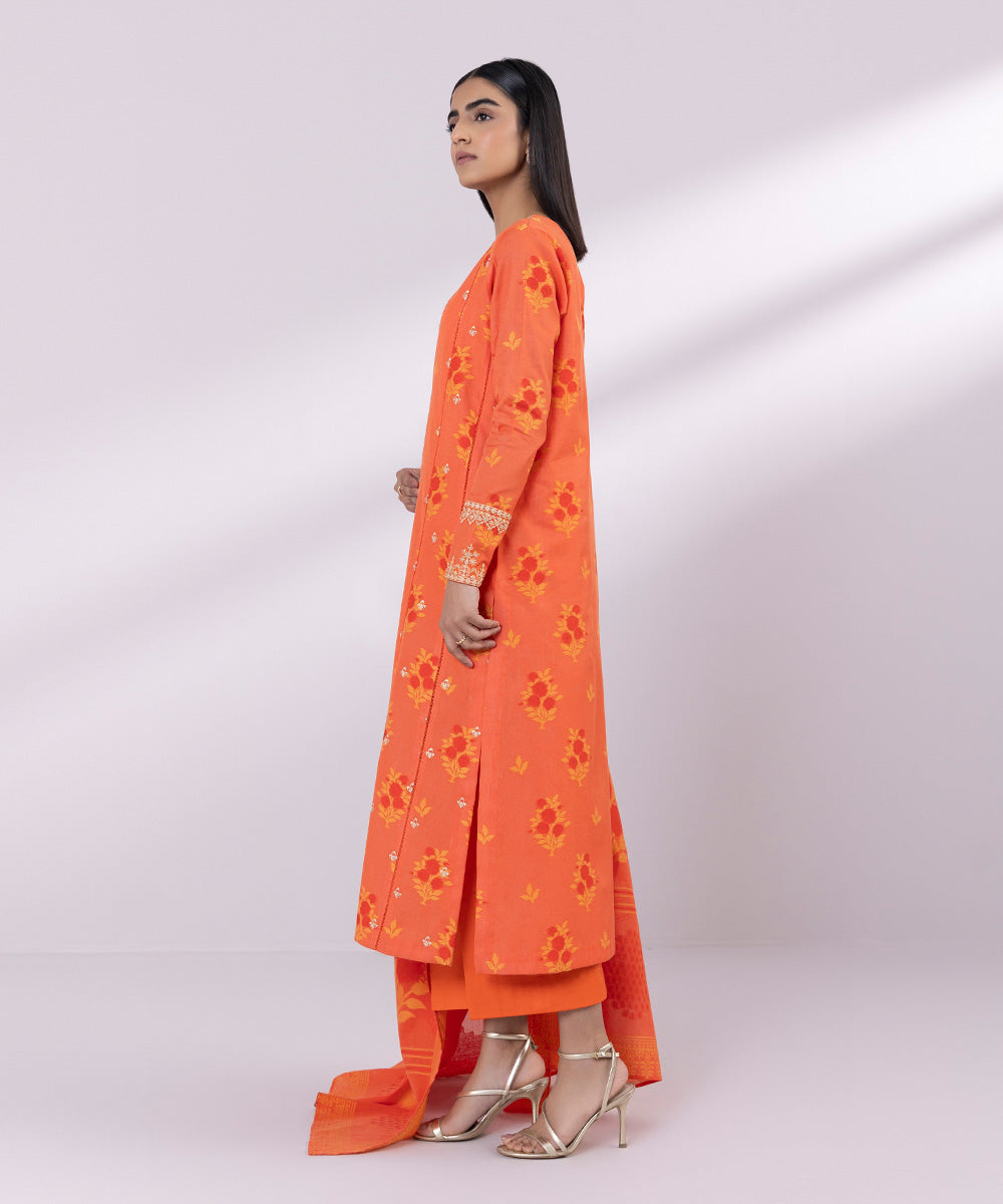 Women's Unstitched Jacquard Embroidered Orange 3 Piece Suit