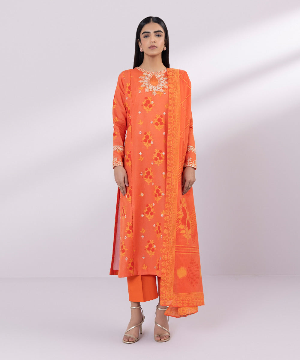 Women's Unstitched Jacquard Embroidered Orange 3 Piece Suit