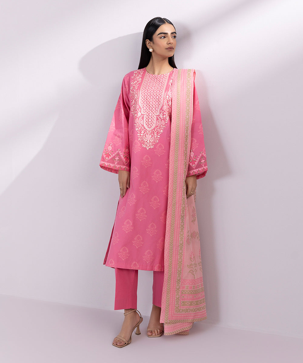 Women's Unstitched Jacquard Embroidered Pink 3 Piece Suit