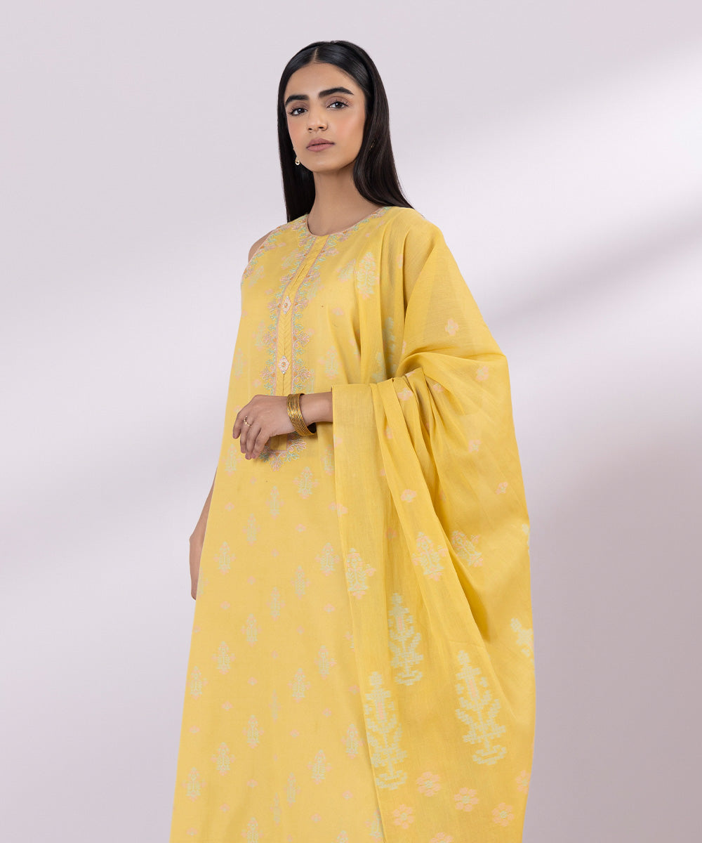 Women's Unstitched Jacquard Embroidered Light Yellow 3 Piece Suit