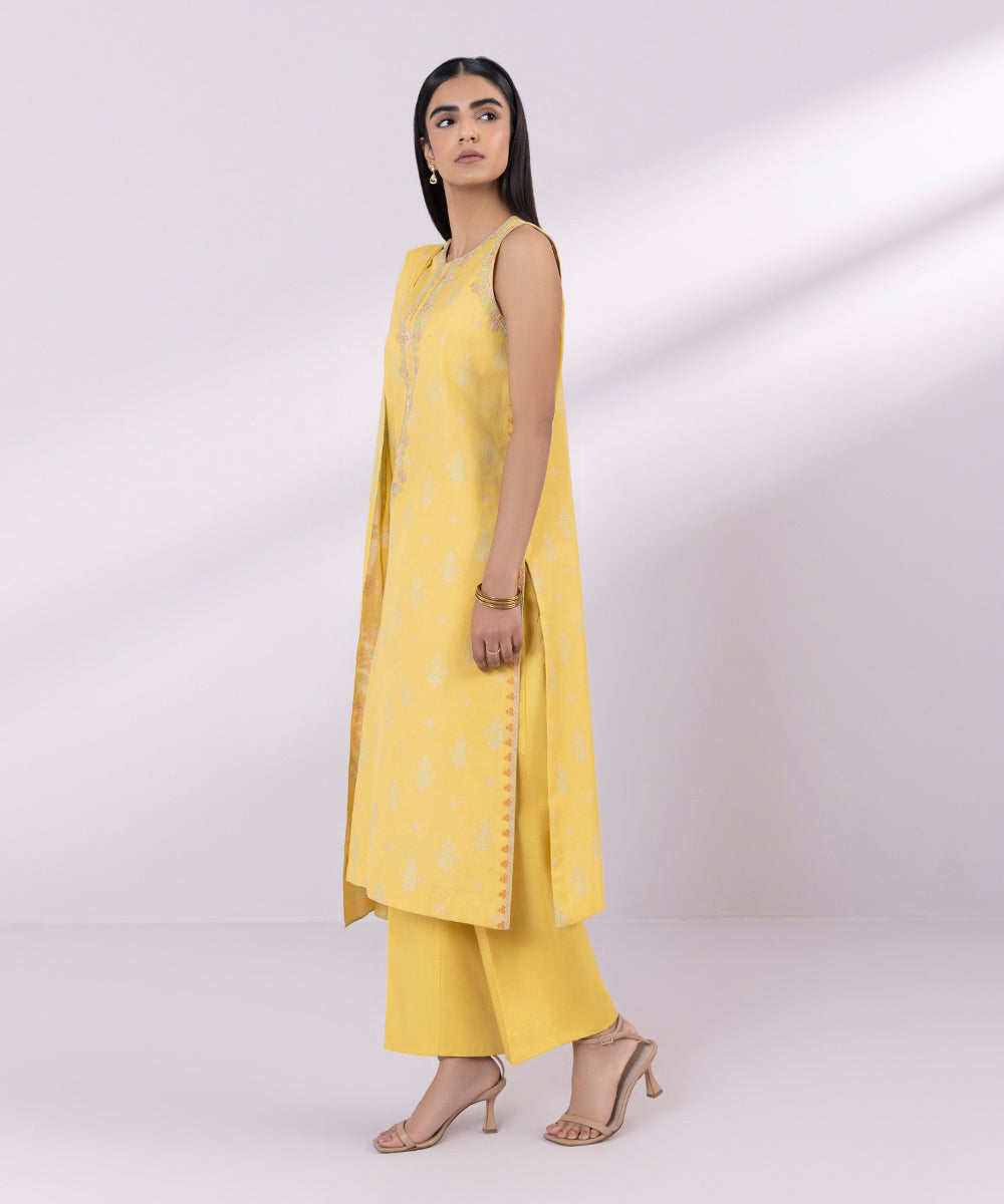 Women's Unstitched Jacquard Embroidered Light Yellow 3 Piece Suit