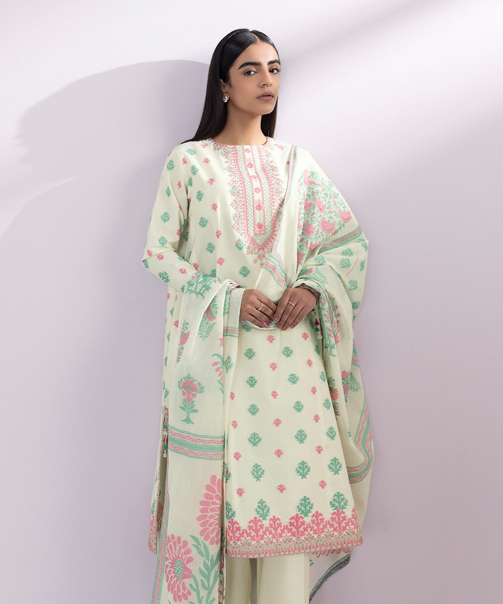 Women's Unstitched Jacquard Embroidered Ivory 3 Piece Suit