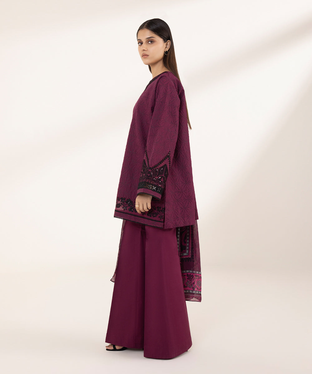 Women's Unstitched Jacquard Embroidered Purple 3 Piece Suit