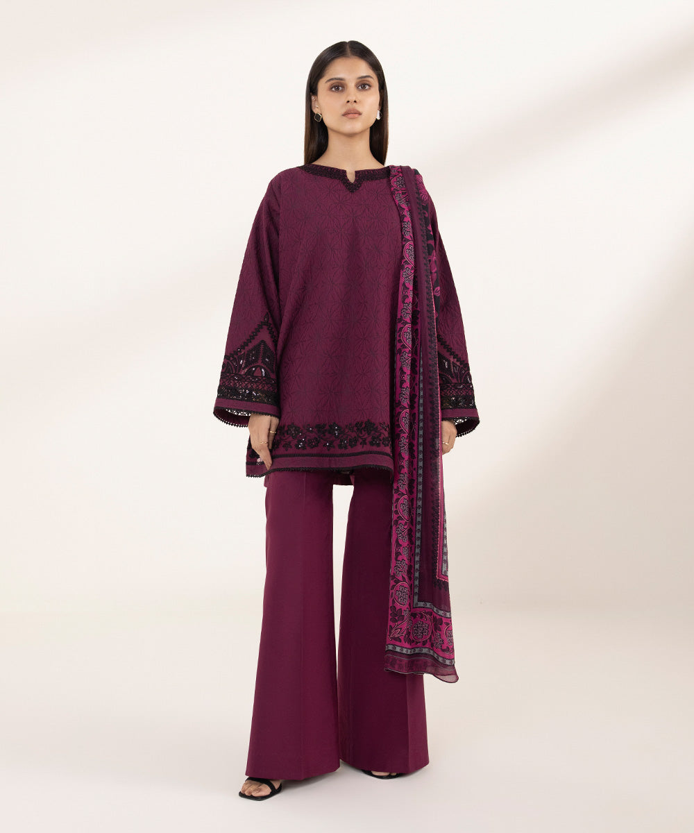 Women's Unstitched Jacquard Embroidered Purple 3 Piece Suit