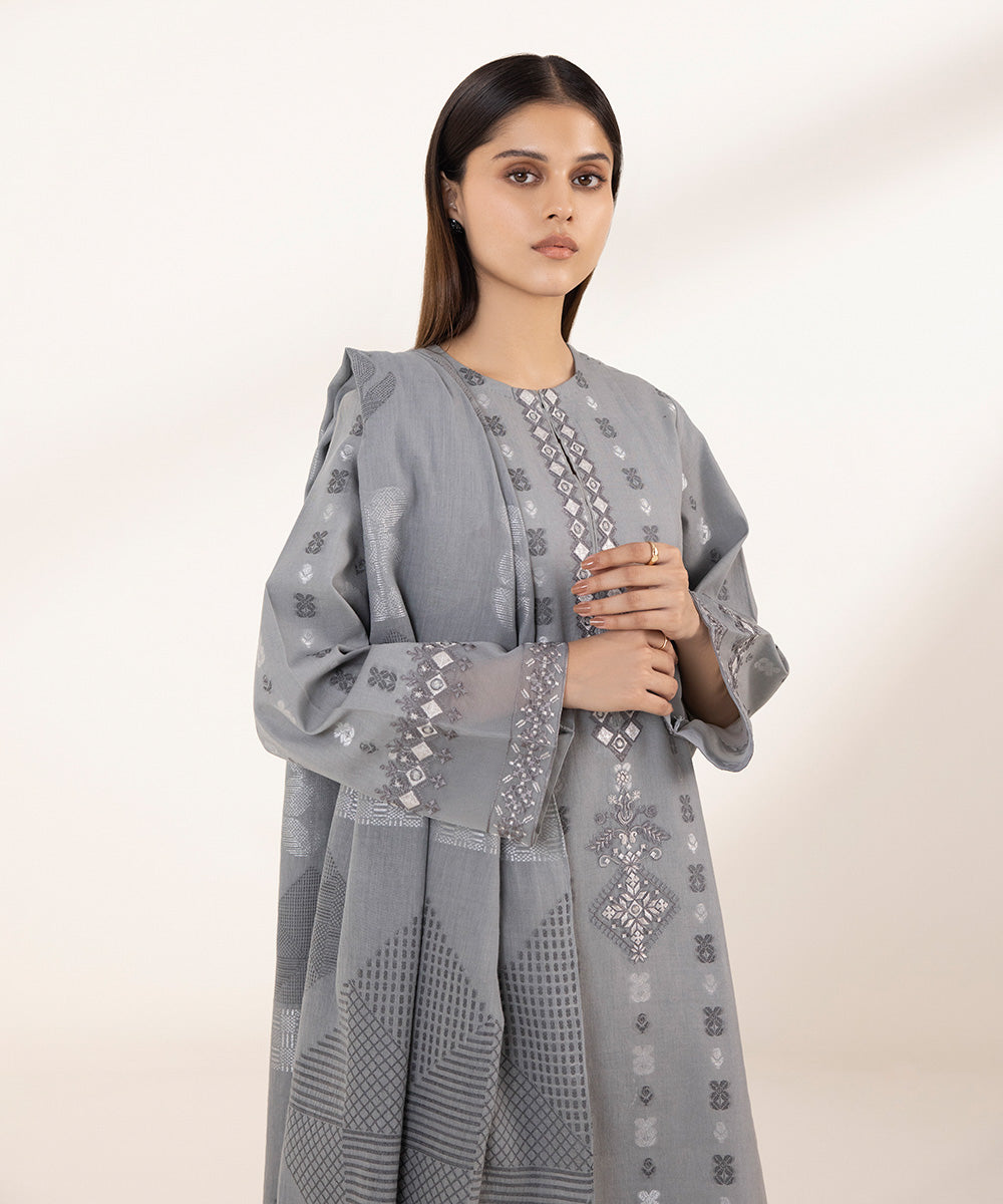 Women's Unstitched Jacquard Embroidered Grey 3 Piece Suit