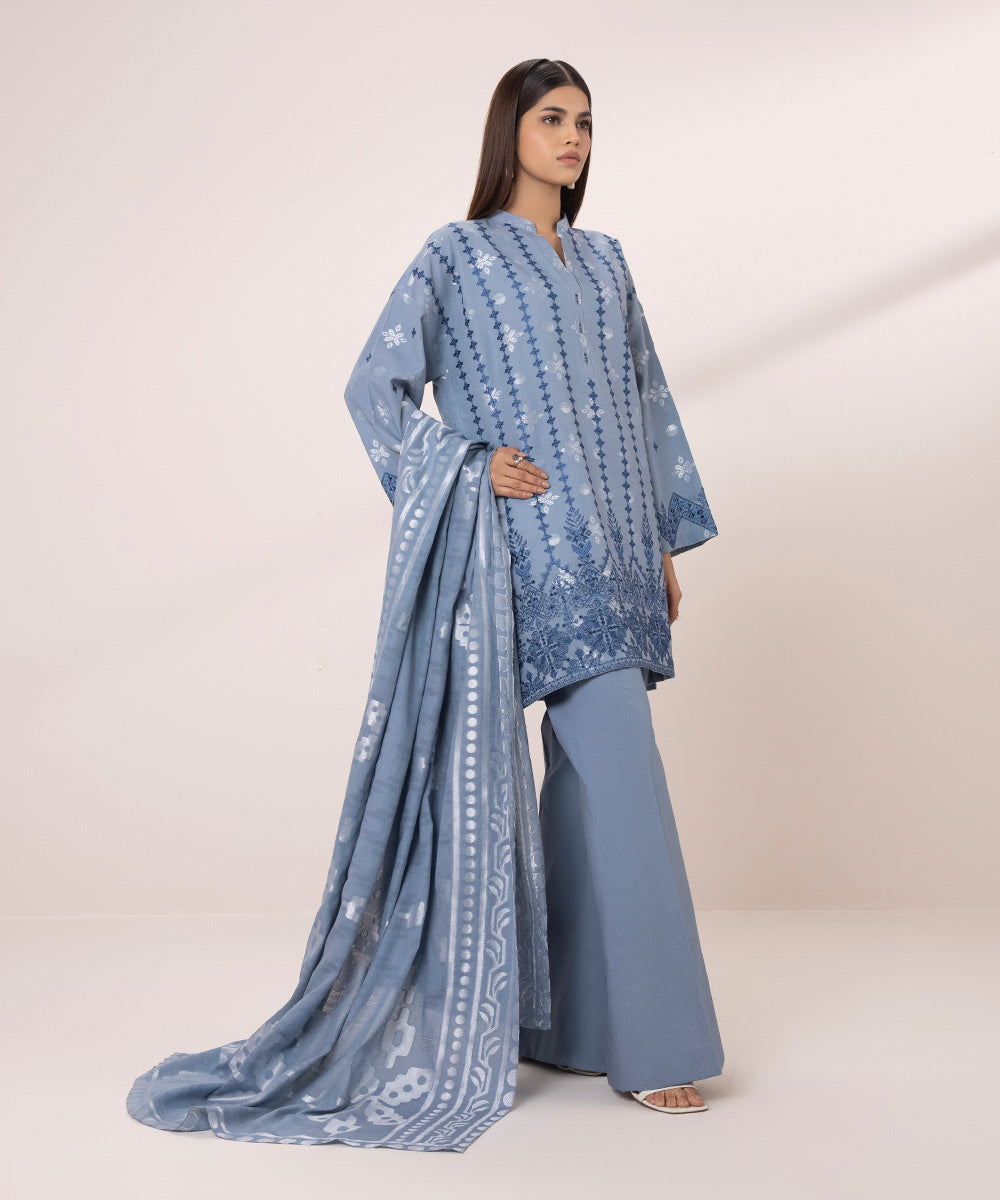 Women's Unstitched Extra Weft Jacquard Embroidered Blue 3 Piece Suit