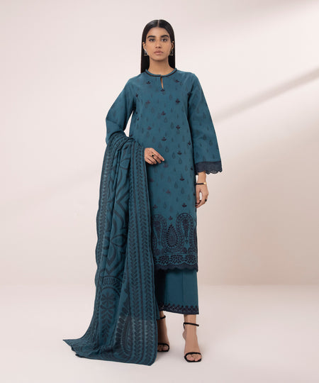 Women's Unstitched Extra Weft Jacquard Embroidered Blue 3 Piece Suit