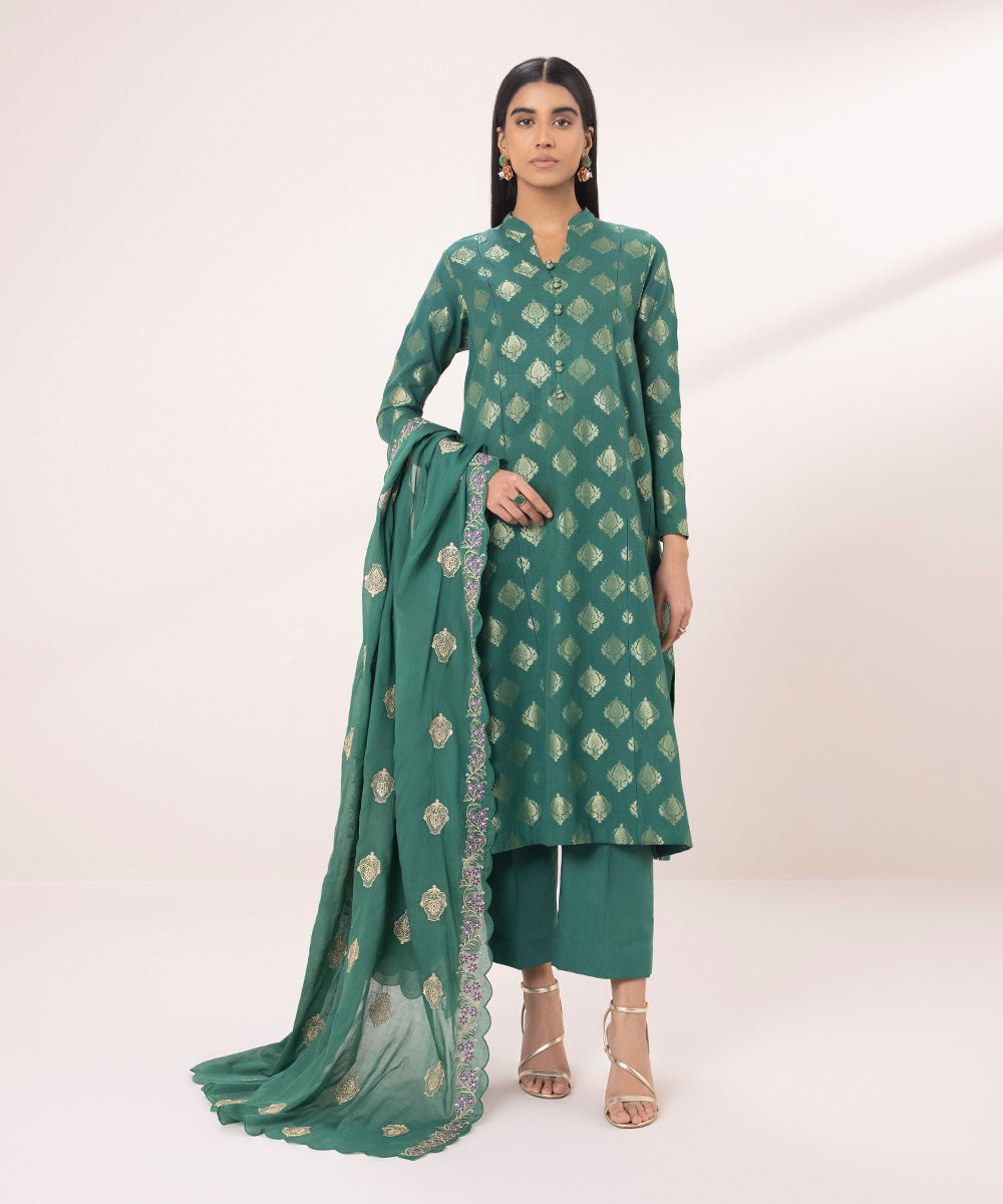 Women's Unstitched Extra Weft Jacquard Embroidered Green 3 Piece Suit