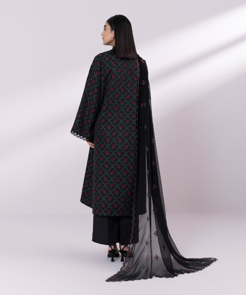 Women's Unstitched Jacquard Embroidered Black 3 Piece Suit