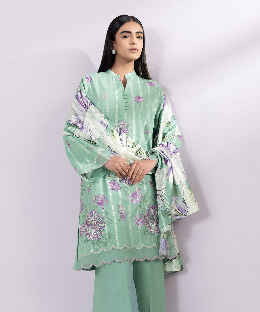 Women's Unstitched Jacquard Embroidered Sea Green 3 Piece Suit