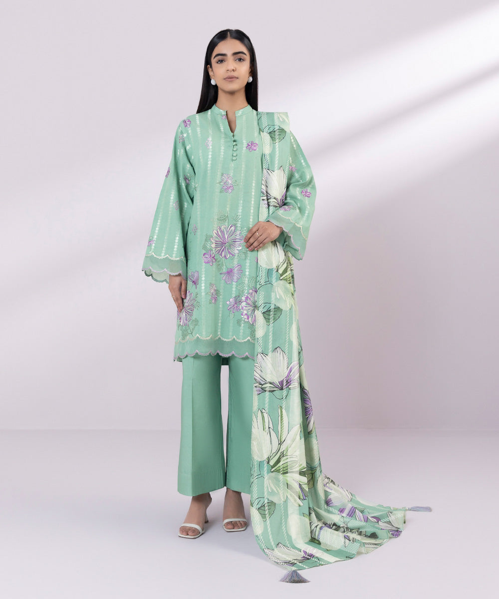 Women's Unstitched Jacquard Embroidered Sea Green 3 Piece Suit
