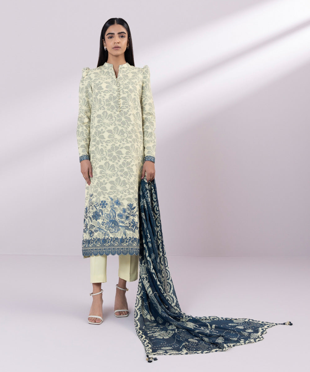 Women's Unstitched Jacquard Embroidered Off White 3 Piece Suit