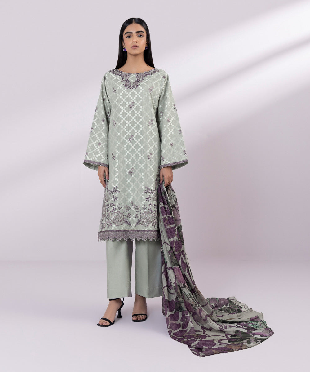 Women's Unstitched Jacquard Embroidered Grey 3 Piece Suit